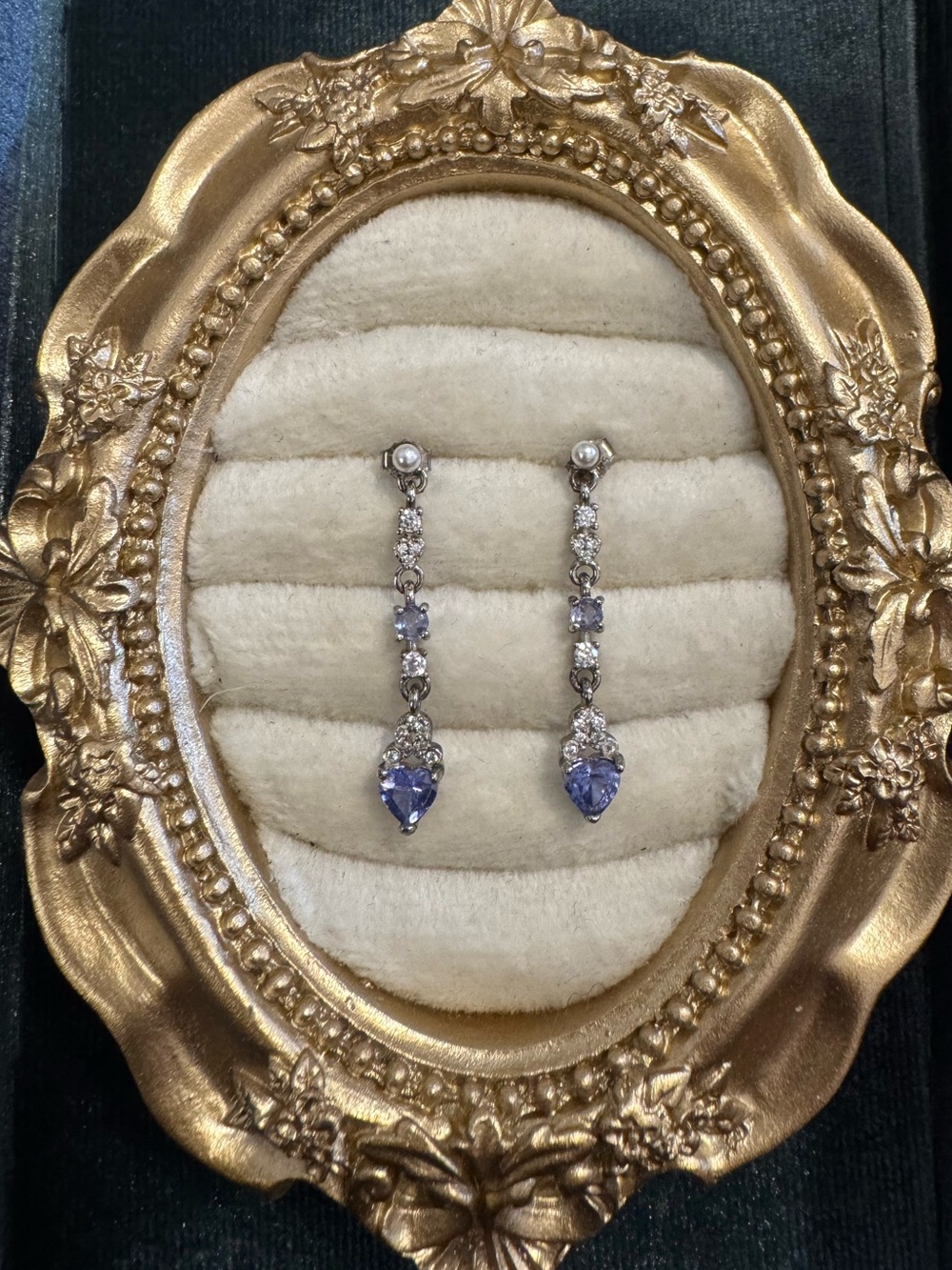 S925 tanzanite dangly earrings heart shape blue seed pearl